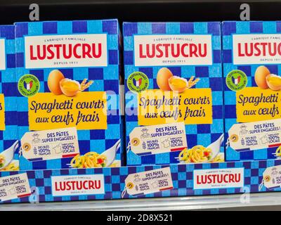 Puilboreau, France - October 14, 2020: Selected collection of pasta Lustucru brand display for sell in french supermarket Stock Photo