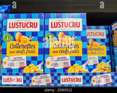 Puilboreau, France - October 14, 2020: Selected collection of collerettes pasta Lustucru brand display for sell in french supermarket Stock Photo