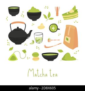 Set of various tea products made from matcha Stock Vector