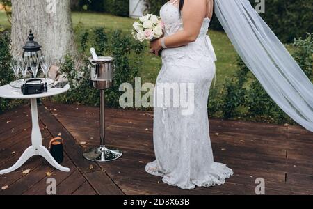 Bride wears classic wedding dress and long veil. Stock Photo