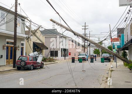 New Orleans, Louisiana/USA - 10/30/2020: Collapsed Utility Pole from Hurricane Zeta on Oak Street Stock Photo