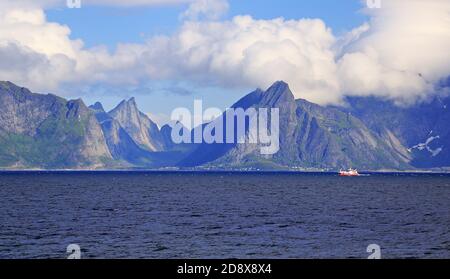 View of Lofoten Islands from the sea, Norway Stock Photo