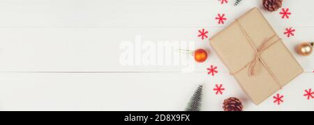 Christmas holiday composition with gift box decoration on wooden background, new year and xmas or anniversary with presents on wood table in season, t Stock Photo