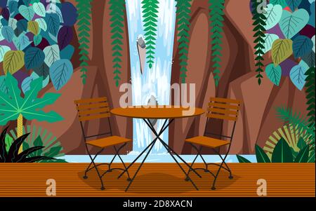 wood table and chair in cafe and restaurant with waterfall background Stock Vector