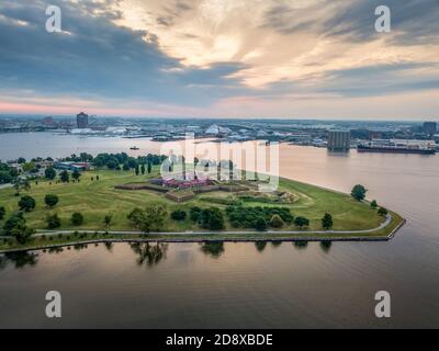 Aerial view historic Fort McHenry in Baltimore protecting the entrance of city from the ocean, site of the epic battle in 1812, Star Spangled Banner Stock Photo