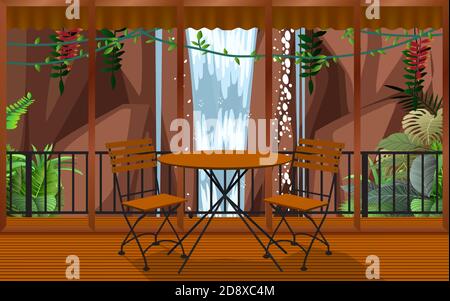 wood table and chair in indoor cafe and restaurant with waterfall background Stock Vector