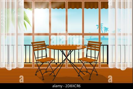 wood table and chair in indoor cafe and restaurant with the beach background Stock Vector