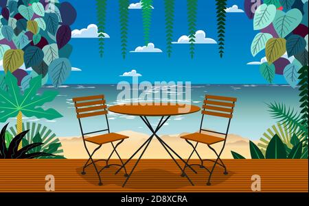 wood table and chair in cafe and restaurant with the beach background Stock Vector