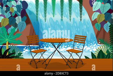 wood table and chair in cafe and restaurant with waterfall background Stock Vector
