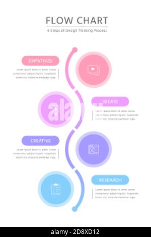 Colorful line curving around linear pictograms placed into vertical row. Concept of 4 element of business process, thinking process.infographic design Stock Vector