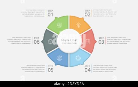 Circle chart infographic with 6 project process steps in colorful template for business management Stock Vector