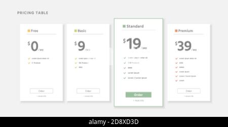 pricing table in minimalistic design infographic template: free, basic, standard, premium Stock Vector