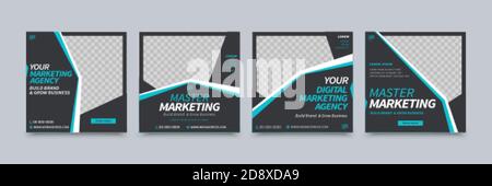 A set of social media template design with black background colors and blue strips to create geometric shapes, suitable for brand building or promotio Stock Vector
