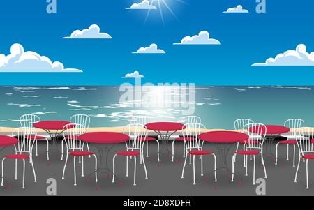 chairs and tables at the outdoor cafe on the beach Stock Vector