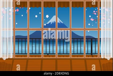 indoor wooden house with fuji mountain background in japan Stock Vector