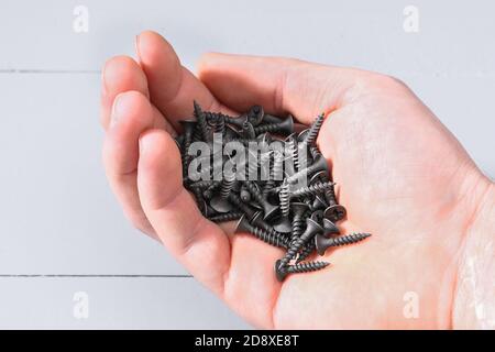 Black iron screws in the palm for wood. Fasteners and hardware in hand. Stock Photo