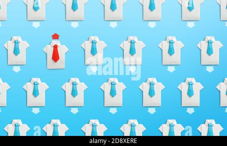 Different direction way. The concept of innovative solutions. Group of businessmen in shirt and ties on blue background. Stock Photo