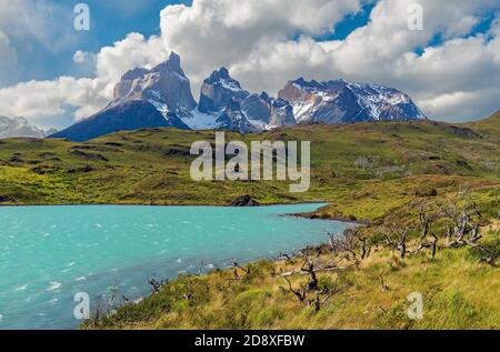 The majestic Torres del Paine Andes mountain peaks by Pehoe Lake, Torres del Paine national park, Patagonia, Chile.