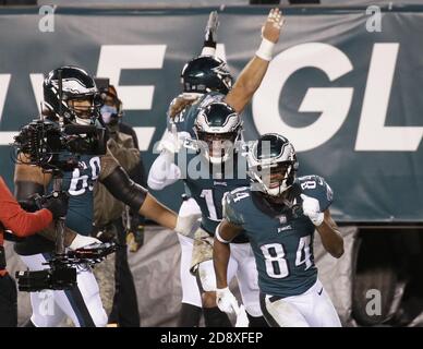 Philadelphia, United States. 01st Nov, 2020. Philadelphia Eagles Travis  Fulgham catches a touchdown pass in the third quarter against the Dallas  Cowboys in week 8 of the NFL season at Lincoln Financial