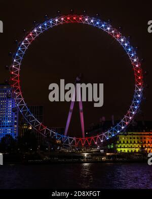 London, UK. 02nd Nov, 2020. The London Eye is seen lit up Red, White and Blue to celebrate The Pride of Britain Awards 2020. Credit: SOPA Images Limited/Alamy Live News Stock Photo