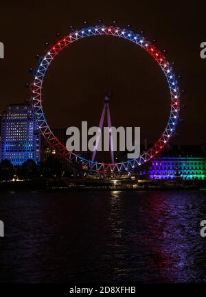 London, UK. 02nd Nov, 2020. The London Eye is seen lit up Red, White and Blue to celebrate The Pride of Britain Awards 2020. Credit: SOPA Images Limited/Alamy Live News Stock Photo