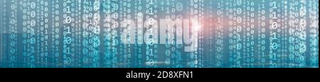 Binary computer code virtual city skyline. Matrix Mixed Media Background. Stock Photo