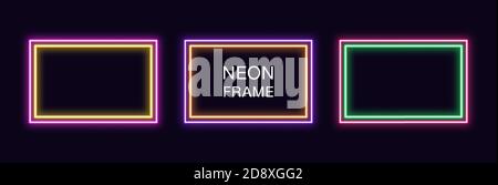 Neon rectangle Frame. Set of rectangular neon Border with double outline. Vector geometric shape with copy space, futuristic glowing element for socia Stock Vector