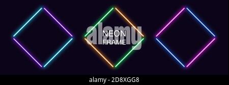 Neon rhomb Frame. Set of rhombus neon Border in 4 outline parts. Geometric shape with copy space, futuristic glowing element for social media stories. Stock Vector