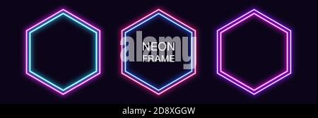 Neon hexagon Frame. Set of hexagonal neon Border with double outline. Geometric shape with copy space, futuristic glowing element for social media sto Stock Vector