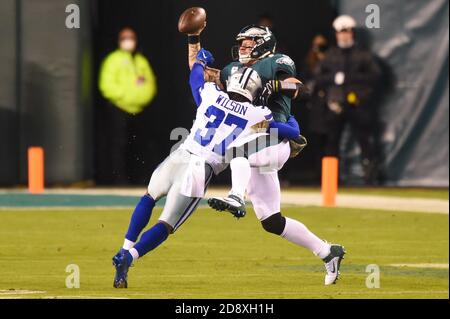 Philadelphia, PA, USA. 01st Nov, 2020. Dallas Cowboys safety Donovan Wilson (37) sacks Philadelphia Eagles quarterback Carson Wentz (11) during the NFC matchup between the Dallas Cowboys and the Philadelphia Eagles at Lincoln Financial Field in Philadelphia, PA. Credit: csm/Alamy Live News Stock Photo