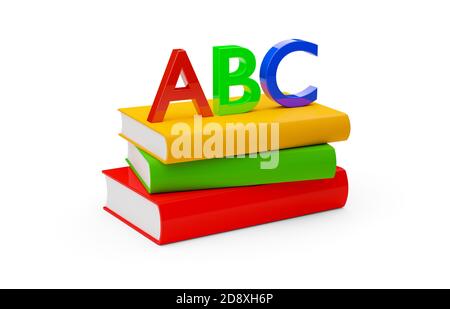 Orange, red, and green hardcover books with blank covers stacked over white background with A, B and C letters standing on top, reading or education c Stock Photo