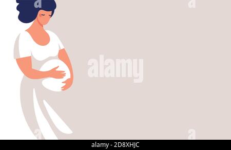 Modern banner about pregnancy and motherhood. Poster with a beautiful young pregnant woman with place for text. Minimalistic design, flat cartoon vector illustration Stock Vector