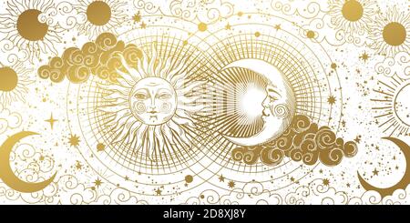 Magic banner for astrology, tarot, boho design. The universe, golden crescent, sun, and clouds on a white background. Esoteric vector illustration, pattern Stock Vector