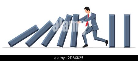 Businessman stopping domino effect. Business man stops falling dominoes. Finishing chain reaction. Successful intervention, solution. Cartoon flat vector illustration Stock Vector