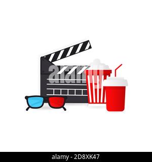Movie time illustration. Popcorn bucket, glass of drink, tickets, 3D glasses. Cinema snack. Fast food. Vector EPS 10. Isolated on white background Stock Vector