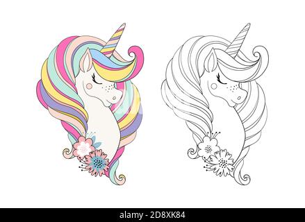 Unicorn head with flower. Beautiful portrait of a magic horse for design, postcard, invitation, children s party. Colorfull color vector illustration isolated on white background Stock Vector