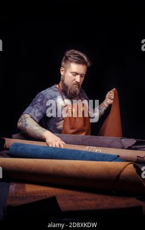 Leather Tanner creates quality product of leather Stock Photo