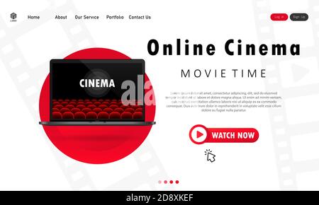 Online cinema illustration. Watching movies at home on laptop. Movie time. Vector EPS 10. Isolated on white background Stock Vector