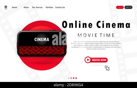 Movie time illustration. Online cinema on your phone. Watch movies at home during pandemic. Vector EPS 10. Isolated on white background Stock Vector