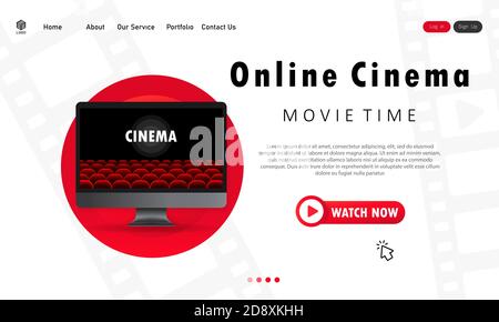 Online cinema illustration. Movie time. Computer monitor with cinema auditorium. Vector EPS 10. Isolated on white background Stock Vector