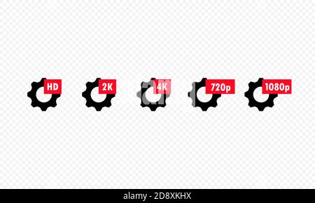 Gears with quality signs. Video quality symbol HD, 2K, 4K, 720p, 1080p icon. Vector EPS 10. Isolated on white background Stock Vector