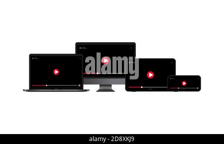 Watching video online illustration. Computer monitor, laptop, tablet and smartphone display with pause button. Vector EPS 10. Isolated on white Stock Vector