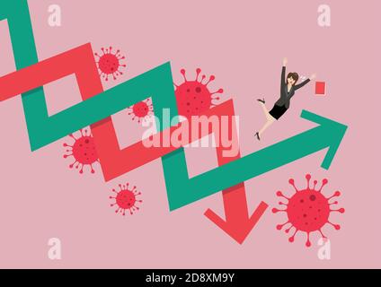 Business woman losing his balance on stock market fluctuation arrow. Graph up and Graph down concept. Vector illustration Stock Vector