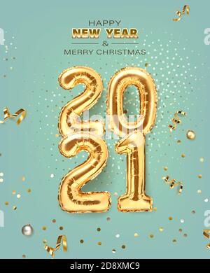 2021 golden decoration holiday on trendy background. Shiny party background. Gold foil balloons numeral 2021 with realistic festive objects, glitter Stock Vector