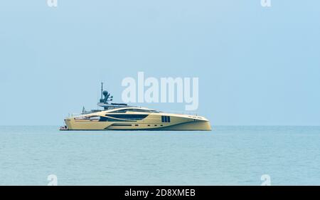 Forte dei Marmi , Italy   September 20, 2020: Golden Luxury motor yacht  Khalilah, example of modern design  high performance yacht Stock Photo
