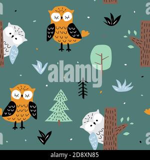 Childish seamless pattern with cute owl . Creative texture for fabric and textile Stock Vector