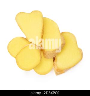 Sliced Fresh ginger root isolated on white background. Top view. Flat lay. Stock Photo
