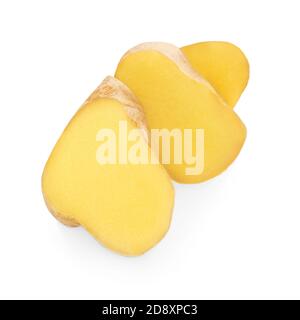 Sliced Fresh ginger root isolated on white background. Top view. Flat lay. Stock Photo