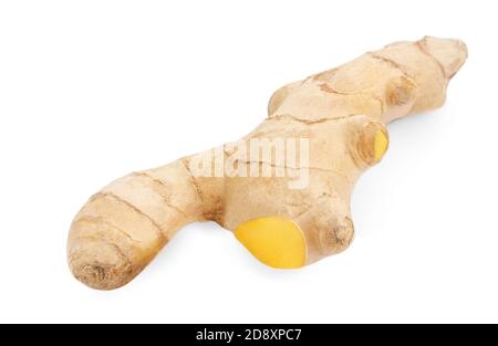 Fresh Ginger root and slice isolated on white background. Top view. Flat lay. Stock Photo