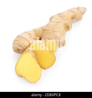 Fresh Ginger root and slice isolated on white background.  Top view. Flat lay.  Herb medical concept Stock Photo